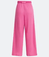 Pantalón tipo pantalona de tiro alto y corte amplio, confeccionado en tejido de ribana texturizada color rosado. Cuenta con cintura elástica y lazo ajustable con detalle de abalorios en los extremos.