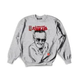 Buzo de cuello redondo color gris melange, con estampa frontal estilo cómic de Stan Lee.