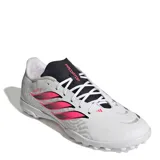 Championes de fútbol Adidas Predator Club TF, color blanco con las icónicas tres tiras en fucsia y negro, lengüeta negra con la inscripción "Predator" y suela con tapones de goma para césped sintético.