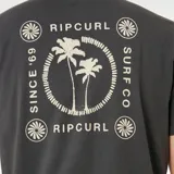 Remera Rip Curl de manga corta y cuello redondo en color verde, con pequeño estampado circular en el pecho que incluye palmeras y la inscripción "Rip Curl".