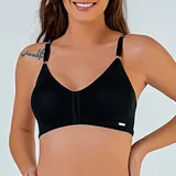 Corpiño negro reductor sin aro, con breteles regulables y detalle de costura vertical en el centro.