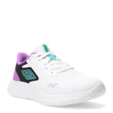 Championes deportivos Umbro modelo Chad Lady, color blanco con detalles en negro, violeta y turquesa. Confeccionados en malla transpirable, cuentan con suela blanca y cierre mediante cordones.
