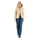 Campera puffer beige de poliéster, con capucha, cierre frontal, bolsillos laterales y calce al cuerpo.