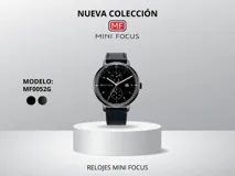 Reloj Mini Focus modelo MF0052G con caja de metal color plateado y dial negro con detalles en blanco. Correa de cuero negra. Resistente al agua (30m).