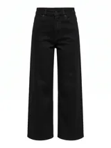 Jean wide leg de tiro alto y color negro, con diseño de corte recto y cómodo, bolsillos clásicos y cierre frontal con botón y cremallera.