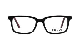 Armazón de anteojos Focus Premium de diseño rectangular, con frente en color negro y detalles en rojo en el interior de las patillas.