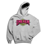 Canguro gris con capucha y bolsillo frontal tipo canguro. Presenta un estampado gráfico central con el logo de la marca en color rosa y verde sobre un fondo romboidal.