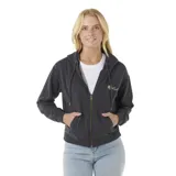 Canguro gris con cierre frontal, capucha con cordones ajustables y bolsillos laterales.