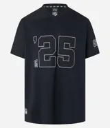 Remera deportiva negra de poliéster con cuello en V, mangas cortas y estampado frontal con el número 25 y el nombre del equipo NFL Giants en blanco.