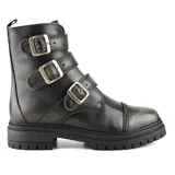 Bota de cuero color negro con detalles de hebillas y cremalleras plateadas, caña media y suela track.