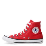 Championes Converse Chuck Taylor All Star de caña alta, color rojo, con cordones blancos, puntera de goma blanca y suela de goma vulcanizada con franja negra.