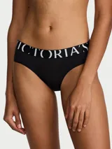 Bombacha hiphugger negra de algodón con cintura elástica ancha con logo de Victoria's Secret en color blanco.