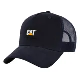 Gorro con visera tipo trucker marca Caterpillar, color azul marino, con paneles de malla en la parte trasera y parche con el logo de la marca en el frente.
