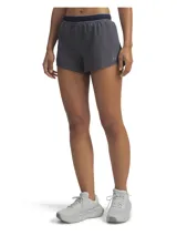 Shorts de running Under Armour modelo UA Halo Run, de color gris oscuro, diseñados para ofrecer ligereza y durabilidad con protección solar UPF 50+. Cuentan con cintura elástica con cordón, calzoncillo interior para mayor cobertura, bolsillo lateral con cremallera y detalles reflectantes.