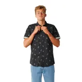 Camisa Rip Curl de manga corta, color negro con estampado de pequeñas palmeras blancas, cuello camisero, cierre frontal de botones y un bolsillo ojal en el pecho.