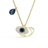 Collar con cadena dorada y dije de ojo turco con cristales azules, negros y transparentes. Incluye un cristal azul oscuro colgante en forma de l
ágrima.