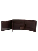 Billetera de cuero natural color marrón con costuras decorativas a la vista y logo de la marca grabado en la parte inferior. Cuenta con tecnología RFID para protección de datos.