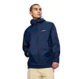 Chaqueta impermeable de hombre, color azul marino, con capucha ajustable, cierre frontal completo, bolsillos laterales con cierre y puños ajustables con velcro. Diseño técnico con tecnología resistente al agua y al viento.