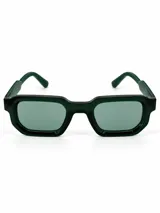 Lentes de sol Petra con armazón geométrico de acetato verde oscuro y cristales tonalizados en verde.