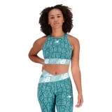 Top deportivo New Balance color verde azulado con estampado de letras y logo de la marca en blanco.