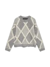 Sweater de punto con diseño de rombos en contraste, cuello redondo y mangas largas con hombros caídos. Presenta un calce regular y tejido suave con mezcla de fibras.