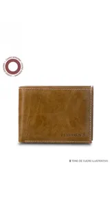 Billetera de cuero genuino color marrón, diseño bi-fold con visor transparente, múltiples ranuras para tarjetas y doble compartimento para billetes. Presenta el logo de la marca grabado en el frente.