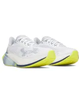 Championes de running Under Armour W Velociti Distance, color blanco con detalles en gris, azul y verde lima, con amortiguación HOVR+.