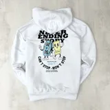 Canguro blanco de algodón sin felpa, con capucha y estampado en la espalda con la frase "Never Ending Story" y un diseño de dos personajes animados.