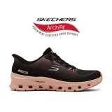 Championes deportivos Skechers modelo Slip-ins Arch Fit Glide-Step Pro, color negro con detalles en rosado. Presentan un tejido de punto jacquard diseñado, sistema de plantilla Arch Fit y entresuela geométrica Glide-Step. Incluyen la tecnología Hands Free Slip-ins y un Heel Pillow para un ajuste seguro.