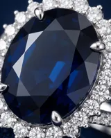 Anillo de plata 925 con piedra central ovalada azul y rodeada de circonias cúbicas en pavé, con banda doble decorada.
