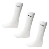 Pack de tres pares de medias deportivas de caña media, color blanco, con logo de la marca bordado en negro en la parte superior.