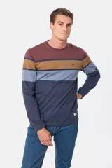 Remera de manga larga con diseño de franjas horizontales en tonos bordó, marrón, celeste y azul marino. Presenta cuello redondo y un pequeño logo bordado en el pecho.