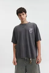 Remera gris oscuro con efecto gastado, corte boxy, manga corta y cuello redondo. Estampado en el frente con diseño abstracto y texto 'mistral'.