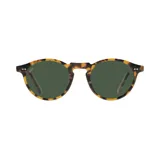 Lentes de sol redondos con montura de acetato color carey y lentes verdes.