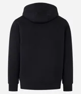 Buzo deportivo negro con capucha, cierre frontal con cremallera, bolsillos laterales y puños ajustados. Confeccionado en tejido de algodón y poliéster.