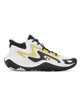 Championes de básquet Under Armour Jet 25, con capellada de materiales mixtos en color blanco, negro y detalles amarillos, entresuela Micro G® y suela de goma resistente.