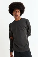 Remera de manga larga con cuello redondo, confeccionada en tejido de algodón y poliéster, de corte clásico y color gris oscuro.