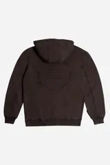 Buzo canguro Mistral modelo Alex de felpa sin frisa, color marrón oscuro. Cuenta con capucha ajustable con cordón, bolsillo frontal tipo canguro, puños y ruedo elásticos, y lettering estampado en el pecho.