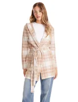 Cardigan de tejido de punto con estampado a cuadros, diseño con capucha, bolsillos frontales y lazo de ajuste en la cintura.