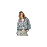 Campera con capucha full zip de Eme Studios, modelo Capri Night Sky. Presenta diseño a rayas horizontales en tonos gris y blanco, con capucha lisa y puños en tono gris oscuro. Cuenta con inscripción bordada en color rojo en el frente.