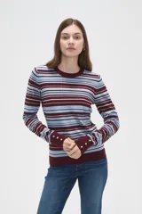 Remera de manga larga confeccionada en viscosa, con diseño de rayas horizontales en tonos rosados, blancos y marrones. Presenta un corte ajustado al cuerpo y cuello redondo a la base.