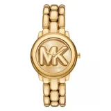 Reloj Michael Kors modelo Hally para mujer, con caja y pulsera de acero inoxidable color dorado. El dial presenta el logo MK en relieve. Resistente al agua hasta 50 metros.