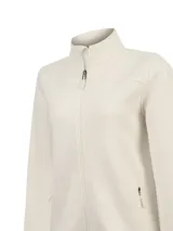 Campera polar de mujer RKF modelo Amber, color beige, con cuello alto, cierre frontal completo y bolsillos laterales con cierre.
