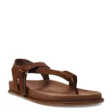 Sandalias de cuero gamuzado color marrón, diseño tipo ojota con tira de dedo, tiras cruzadas en el empeine y ajuste con velcro en el talón.