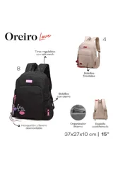 Mochila color beige de la marca Las Oreiro, con el logo "Oreiro Love" en una etiqueta roja en la parte superior y un estampado de labios rojos con la palabra "Love" en la parte inferior. Cuenta con múltiples bolsillos con cierre y tiras ajustables.