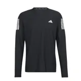 Remera deportiva Adidas de manga larga, diseñada para running. Presenta un diseño en color negro con las icónicas tres bandas blancas en los hombros y el logo de la marca en el pecho. Cuenta con tecnología AEROREADY para la absorción de humedad.