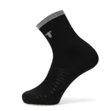 Medias deportivas negras con borde superior gris texturizado y logo bordado en blanco.