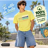 Remera de algodón color amarillo con efecto melange y estampado tipográfico multicolor en el pecho con la leyenda "everwanted".