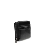 Monedero negro de charol con cierre de cremallera y ranuras para tarjetas.
