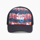 Gorro tipo trucker de Reef con visera curva y paneles traseros de malla negra. Panel frontal estampado con flores en tonos azul, rojo y blanco, y logo de la marca en blanco.